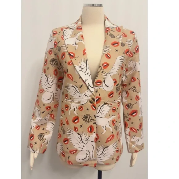 LAS SURENAS Wolf Kisses Lip Amore Print Single Button Linen Loose Fit Blazer - Picture 13 of 16